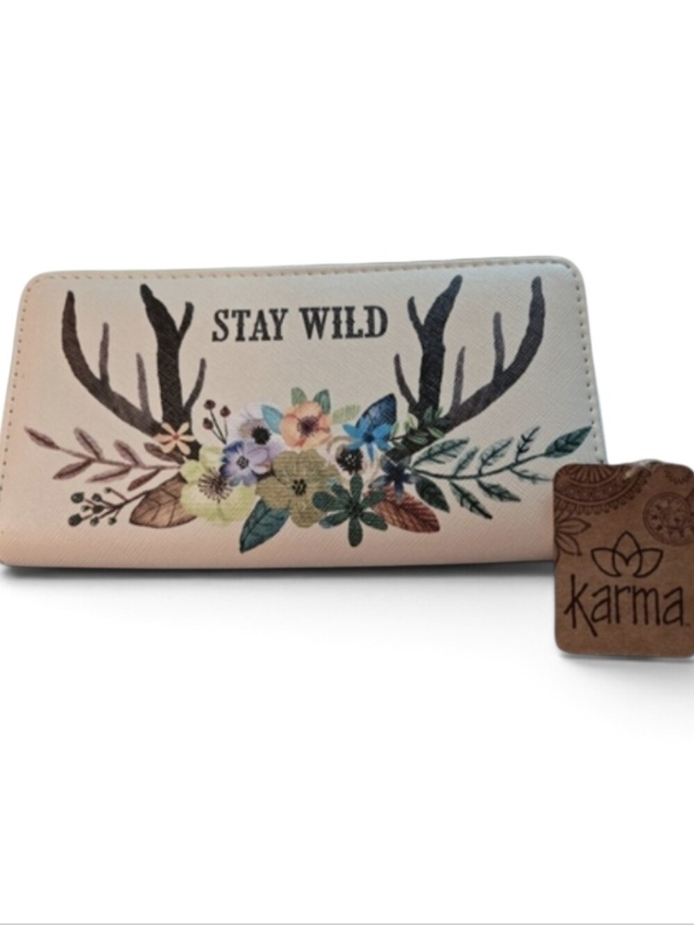 Karma "Stay Wild" Boho Antler Floral Vegan Leather Wallet NWT